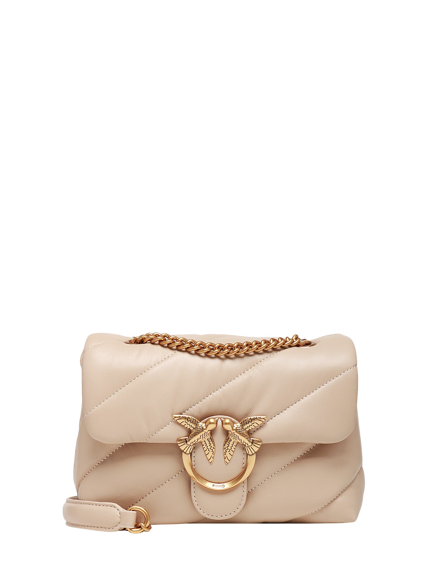 BORSA PINKO MINI LOVE PUFF BEIGE IN NAPPA CON TRAPUNTATURA OBLIQUA E FIBBIA LOVE BIRDS ORO