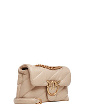 BORSA PINKO MINI LOVE PUFF BEIGE IN NAPPA CON TRAPUNTATURA OBLIQUA E FIBBIA LOVE BIRDS ORO