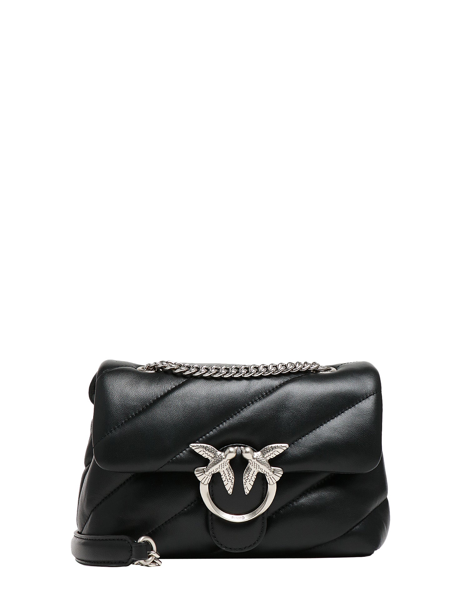 BORSA PINKO MINI LOVE PUFF NERA IN NAPPA CON TRAPUNTATURA OBLIQUA E FIBBIA LOVE BIRDS SILVER