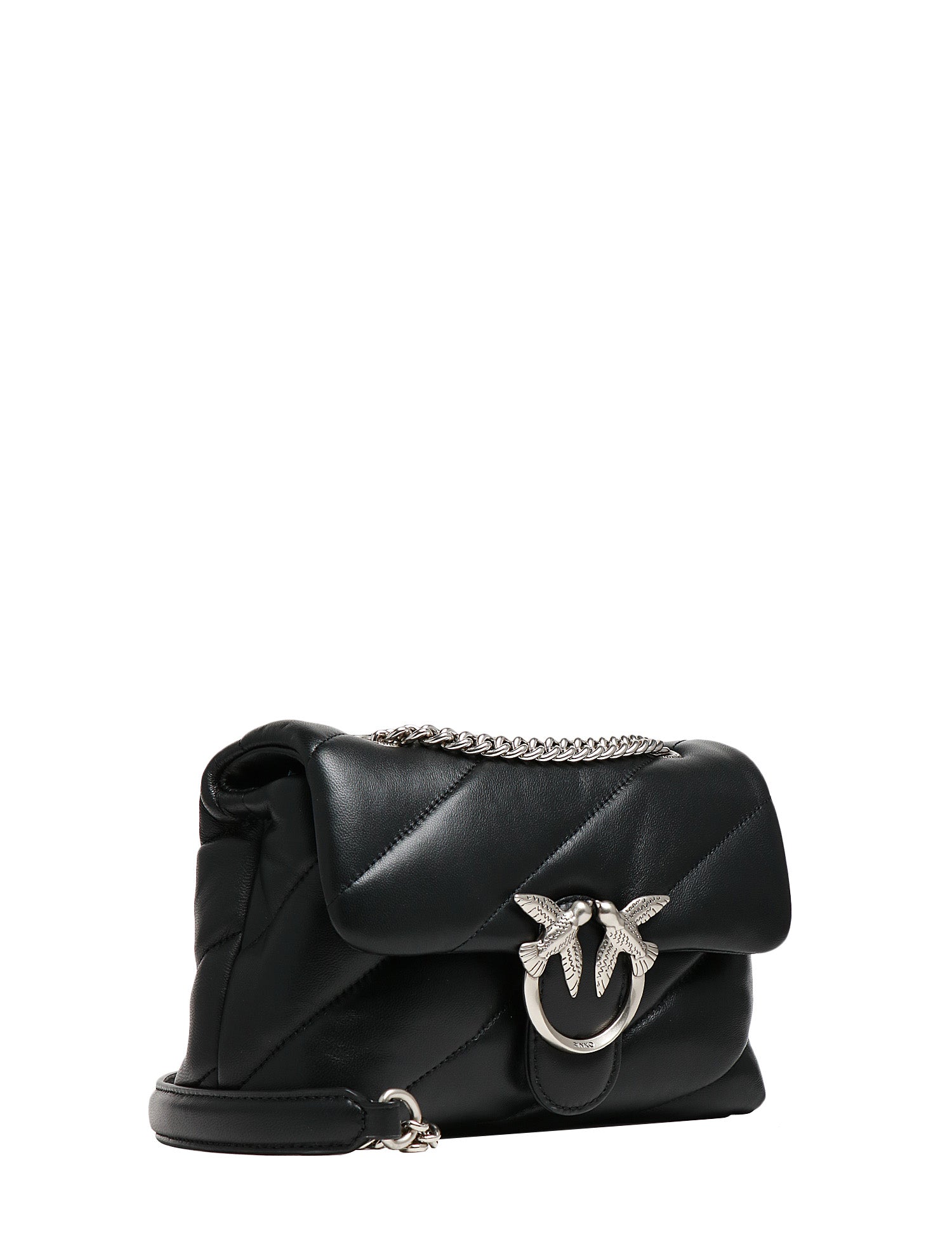 BORSA PINKO MINI LOVE PUFF NERA IN NAPPA CON TRAPUNTATURA OBLIQUA E FIBBIA LOVE BIRDS SILVER