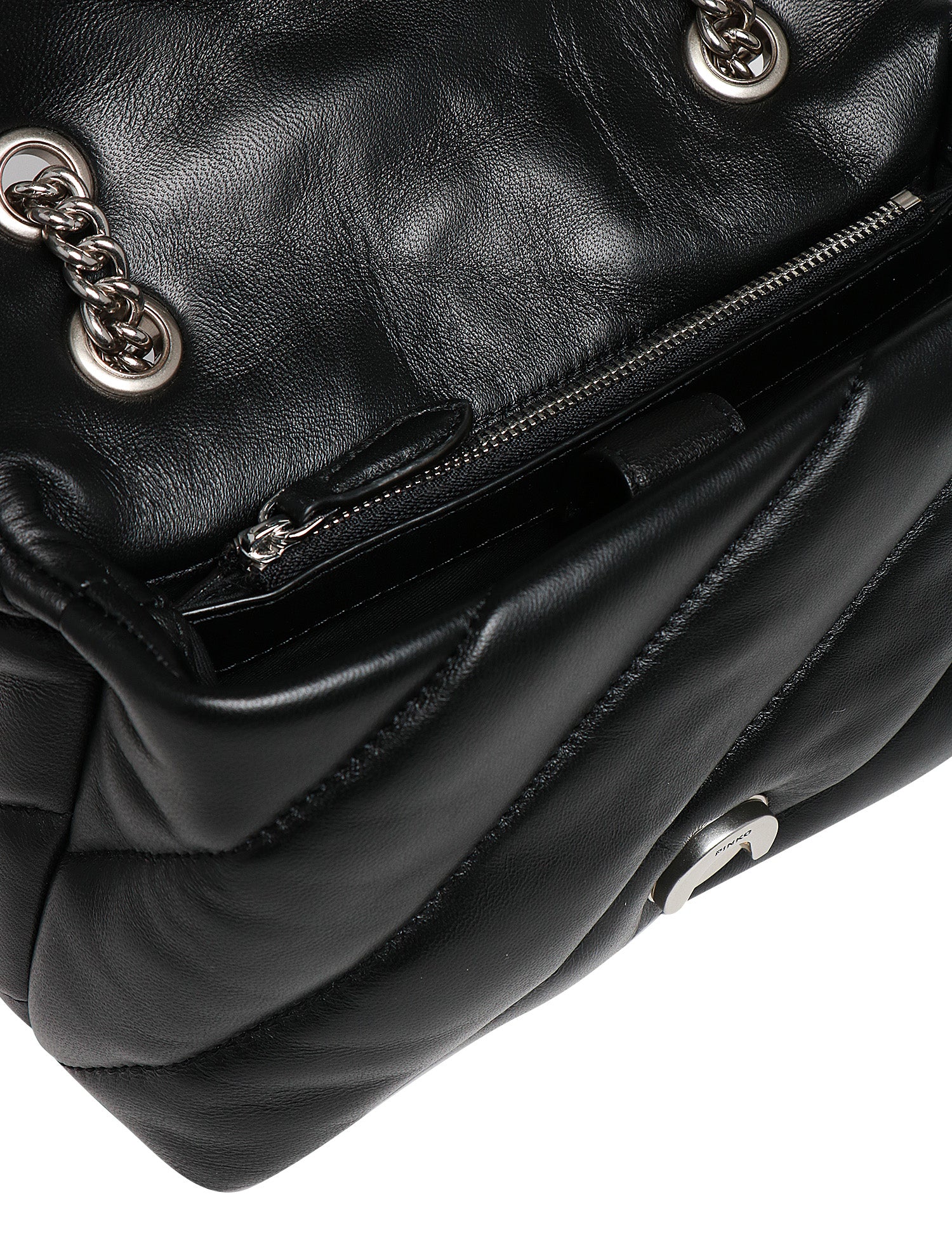 BORSA PINKO MINI LOVE PUFF NERA IN NAPPA CON TRAPUNTATURA OBLIQUA E FIBBIA LOVE BIRDS SILVER