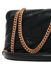 BORSA PINKO NERA MINI LOVE BAG PUFF IN NAPPA CON TRAPUNTATURA OBLIQUA E FIBBIA LOVE BIRDS ORO