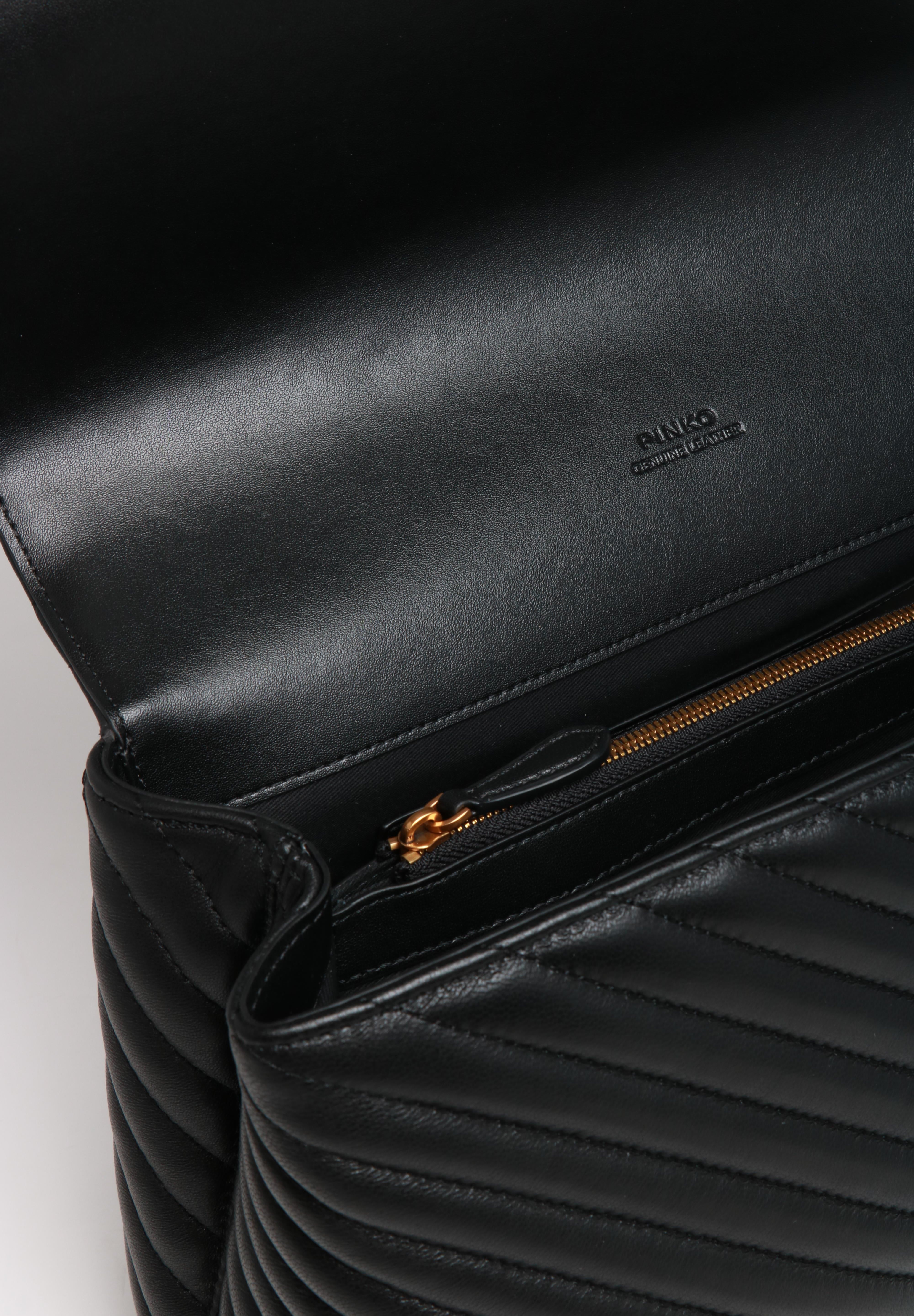 BORSA PINKO BIG LOVE PUFF LADY NERA IN NAPPA TRAPUNTATA CHEVRON, FIBBIA LOVE BIRDS ORO E MANICO IN PELLE