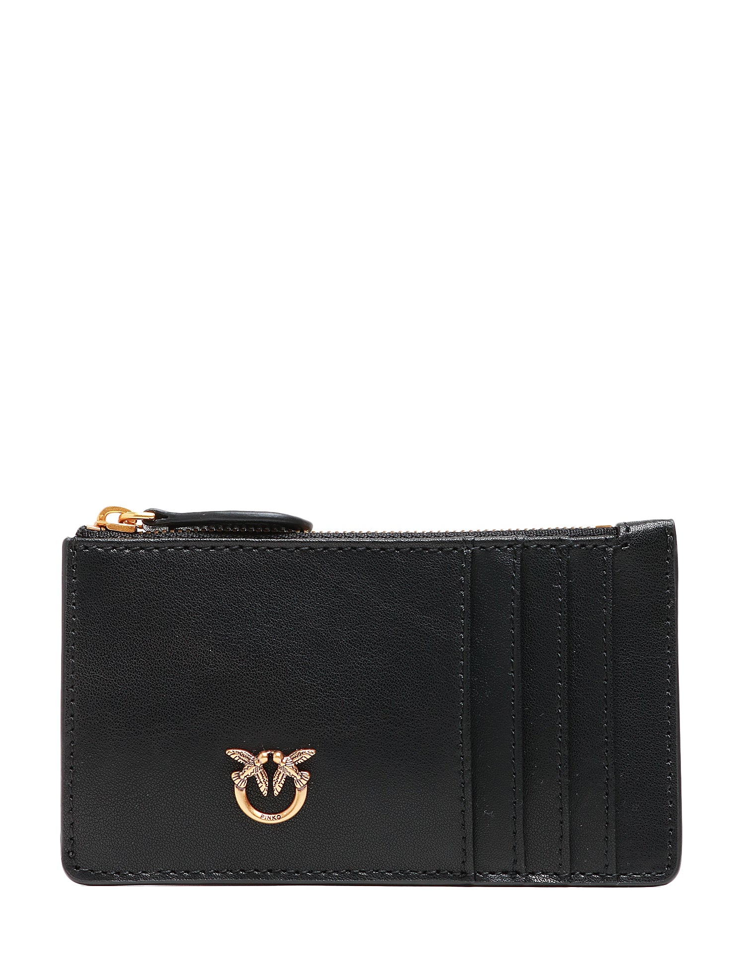 PORTA CARTE DI CREDITO PINKO NERO IN PELLE RETTANGOLARE CON ZIP E PLACCHETTA LOGO LOVE BIRDS ORO