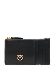 PORTA CARTE DI CREDITO PINKO NERO IN PELLE RETTANGOLARE CON ZIP E PLACCHETTA LOGO LOVE BIRDS ORO