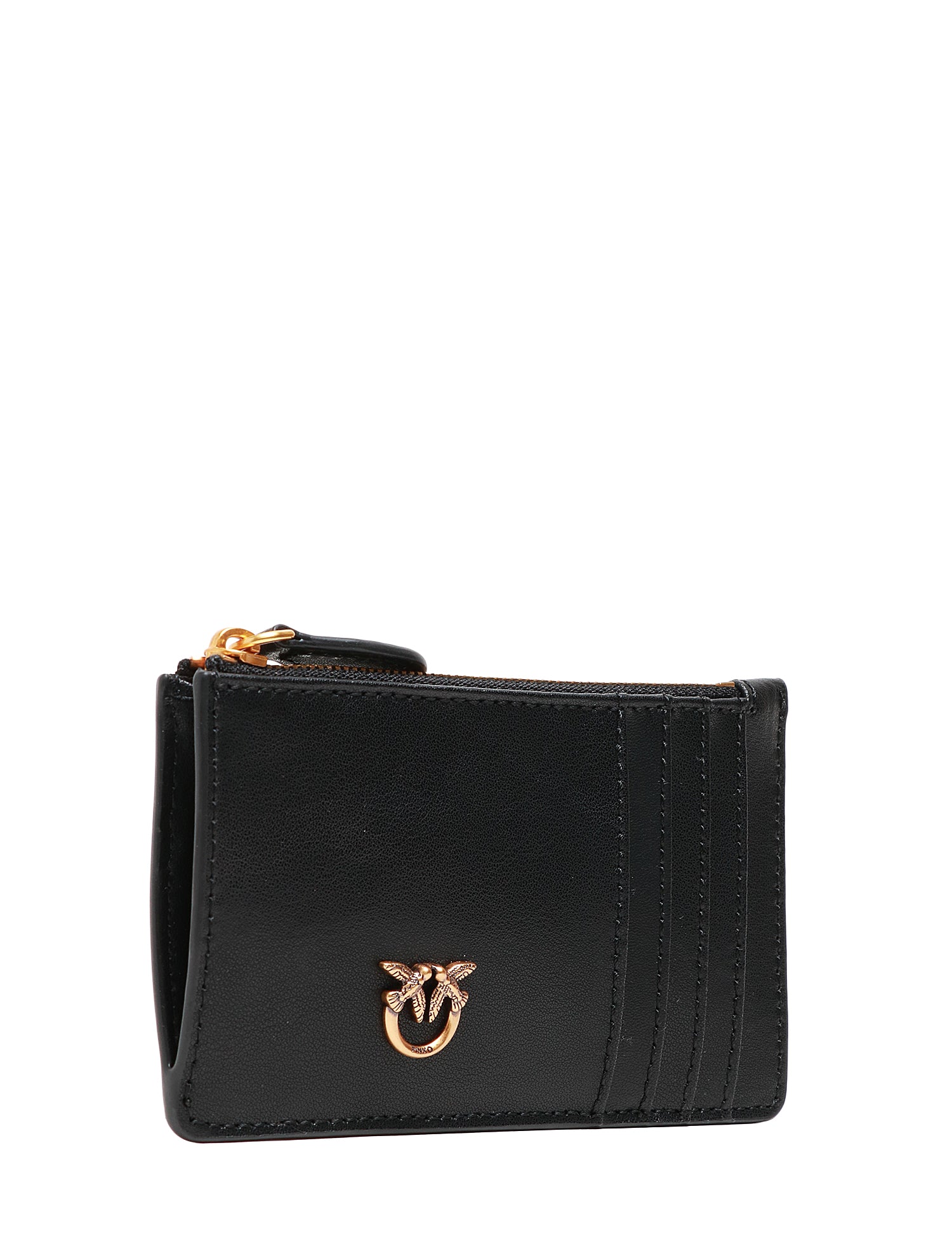 PORTA CARTE DI CREDITO PINKO NERO IN PELLE RETTANGOLARE CON ZIP E PLACCHETTA LOGO LOVE BIRDS ORO