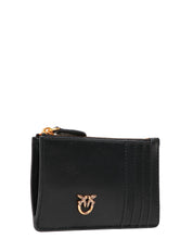 PORTA CARTE DI CREDITO PINKO NERO IN PELLE RETTANGOLARE CON ZIP E PLACCHETTA LOGO LOVE BIRDS ORO