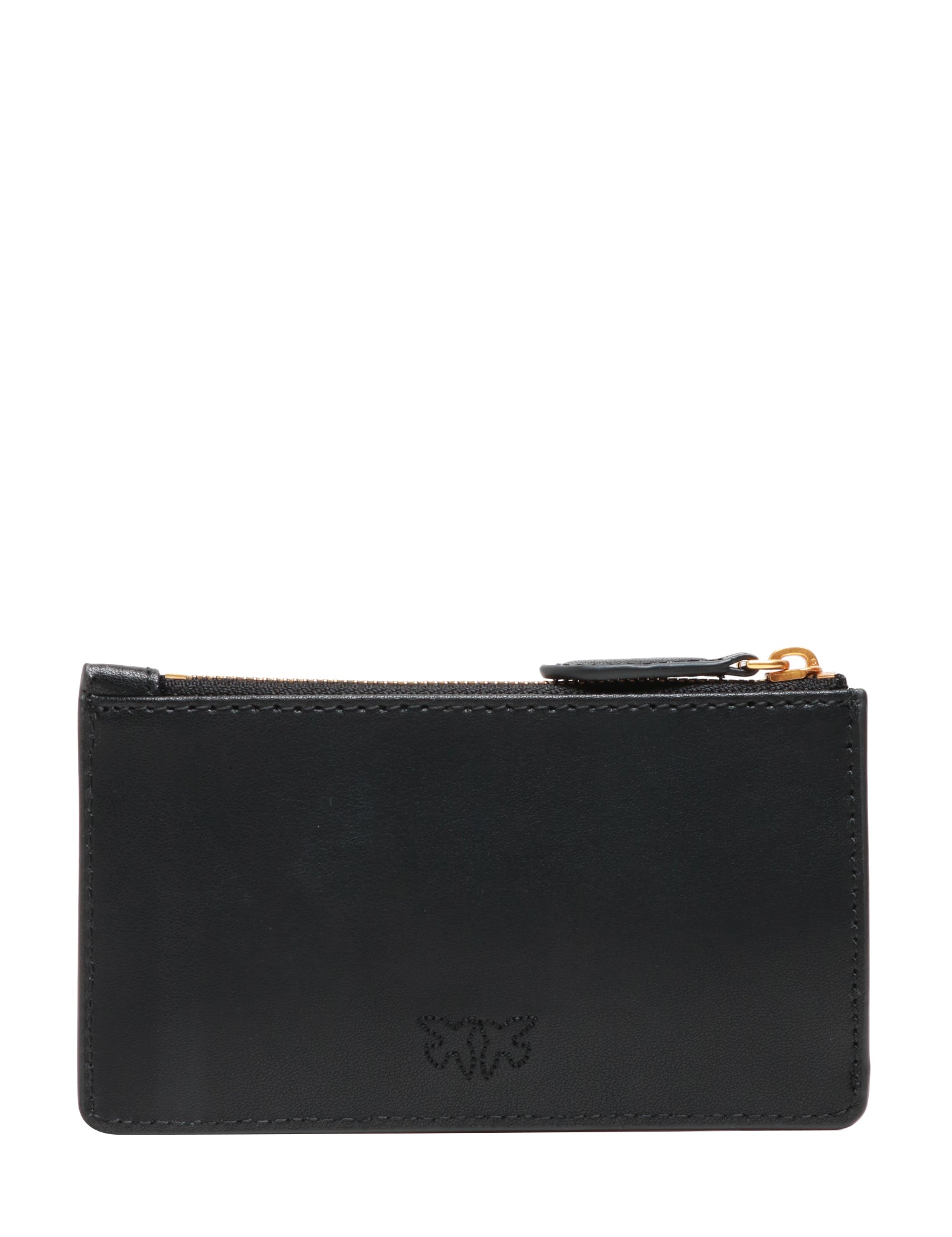 PORTA CARTE DI CREDITO PINKO NERO IN PELLE RETTANGOLARE CON ZIP E PLACCHETTA LOGO LOVE BIRDS ORO