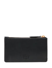 PORTA CARTE DI CREDITO PINKO NERO IN PELLE RETTANGOLARE CON ZIP E PLACCHETTA LOGO LOVE BIRDS ORO