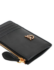 PORTA CARTE DI CREDITO PINKO NERO IN PELLE RETTANGOLARE CON ZIP E PLACCHETTA LOGO LOVE BIRDS ORO