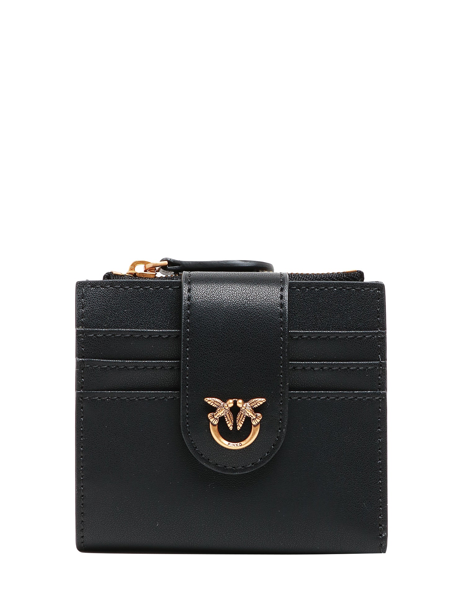PORTAFOGLI DONNA PINKO NERO IN PELLE CON PICCOLA ZIP E PLACCHETTA LOVE BIRDS IN METALLO DORATO