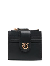 PORTAFOGLI DONNA PINKO NERO IN PELLE CON PICCOLA ZIP E PLACCHETTA LOVE BIRDS IN METALLO DORATO