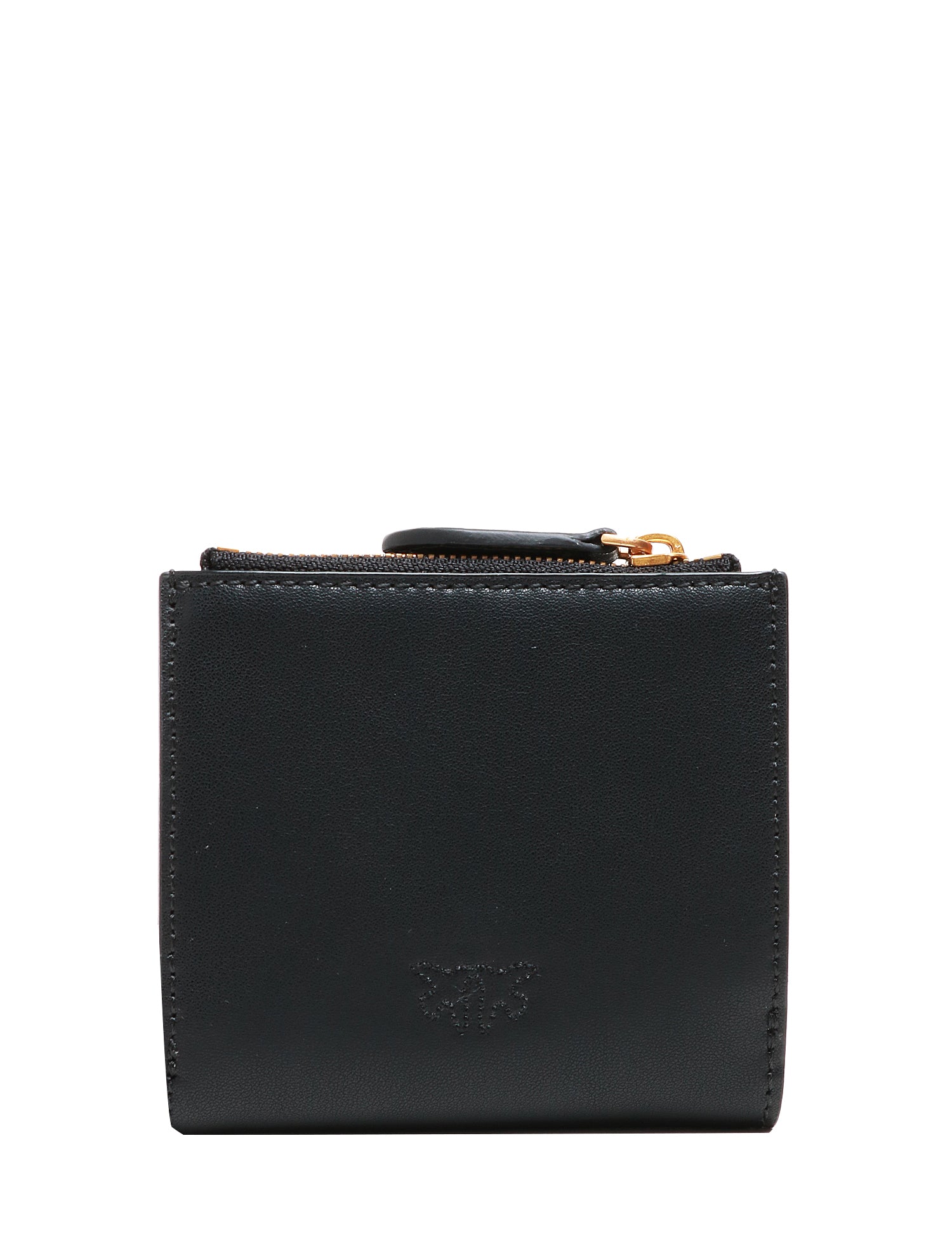 PORTAFOGLI DONNA PINKO NERO IN PELLE CON PICCOLA ZIP E PLACCHETTA LOVE BIRDS IN METALLO DORATO