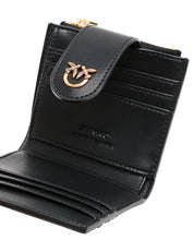 PORTAFOGLI DONNA PINKO NERO IN PELLE CON PICCOLA ZIP E PLACCHETTA LOVE BIRDS IN METALLO DORATO
