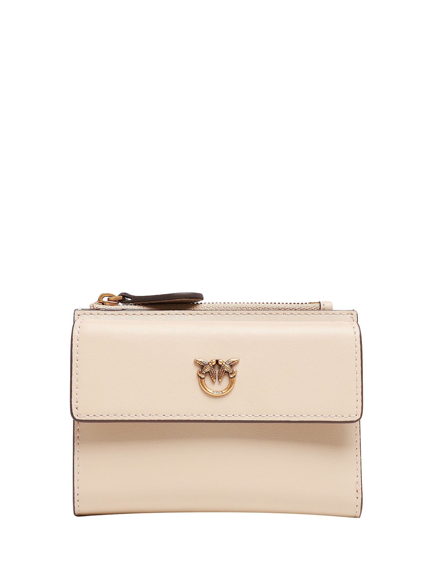 PORTAFOGLIO PINKO BEIGE IN PELLE MANO SETA CON PATTA E LOGO LOVE BIRDS DIAMOND CUT ORO
