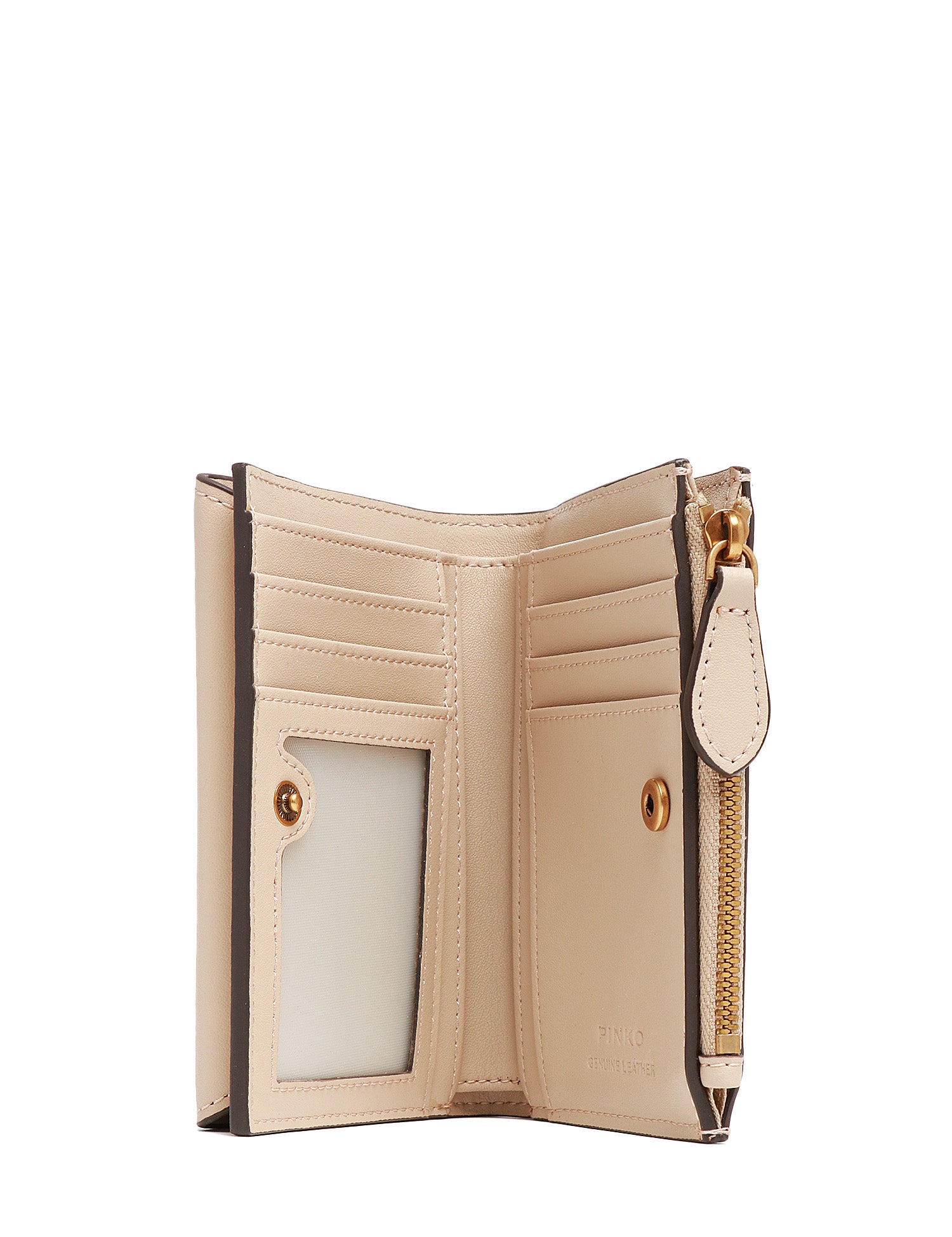 PORTAFOGLIO PINKO BEIGE IN PELLE MANO SETA CON PATTA E LOGO LOVE BIRDS DIAMOND CUT ORO