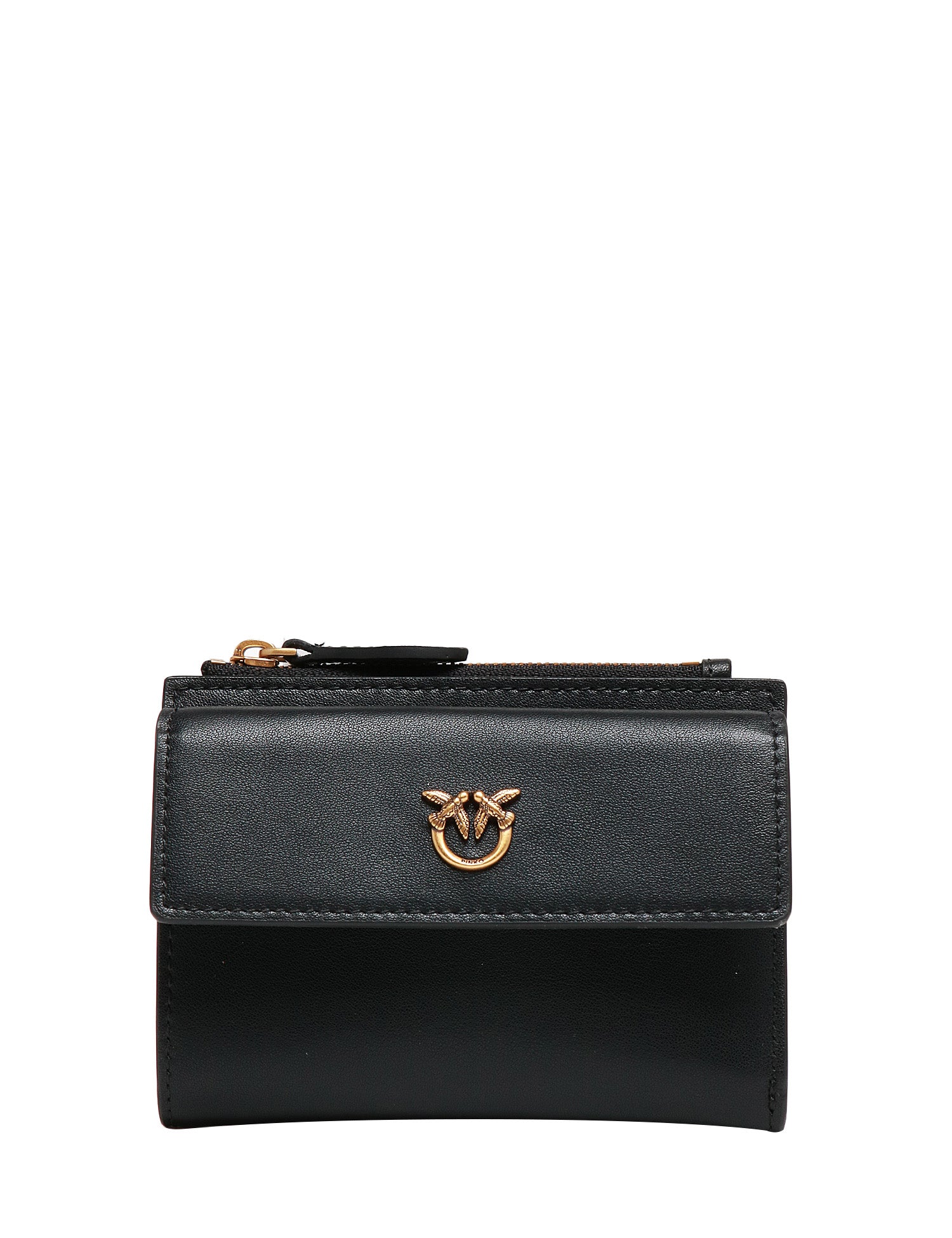 PORTAFOGLI PINKO NERO IN PELLE MANO SETA CON PATTA E LOGO LOVE BIRDS DIAMOND CUT ORO