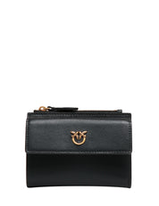 PORTAFOGLI PINKO NERO IN PELLE MANO SETA CON PATTA E LOGO LOVE BIRDS DIAMOND CUT ORO