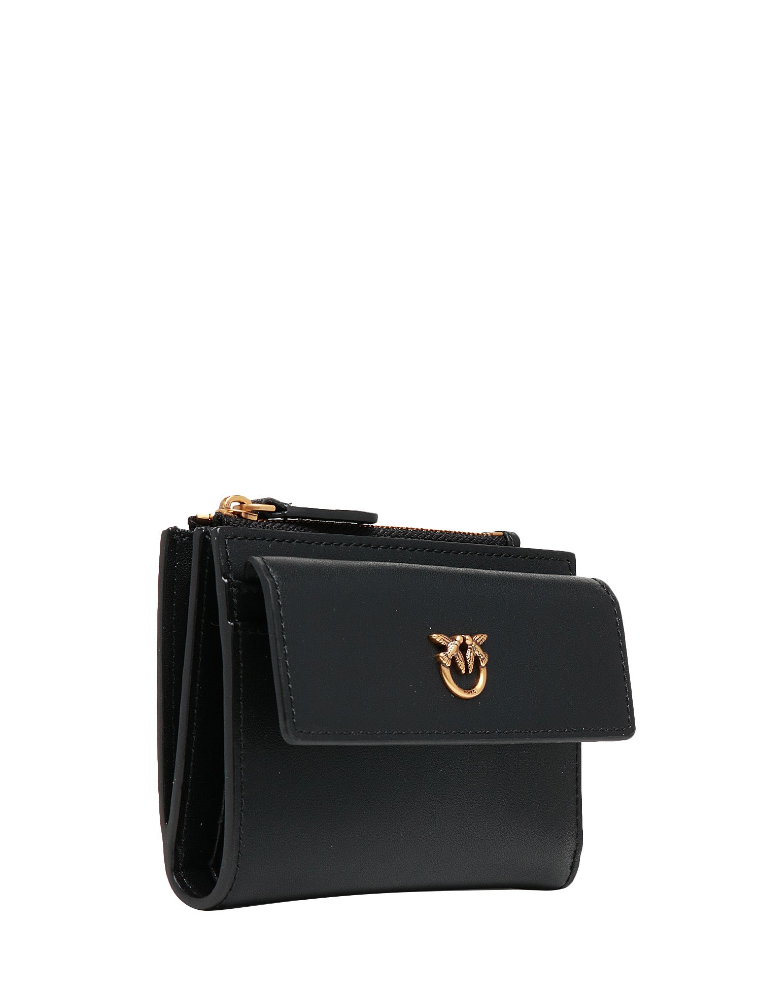 PORTAFOGLI PINKO NERO IN PELLE MANO SETA CON PATTA E LOGO LOVE BIRDS DIAMOND CUT ORO