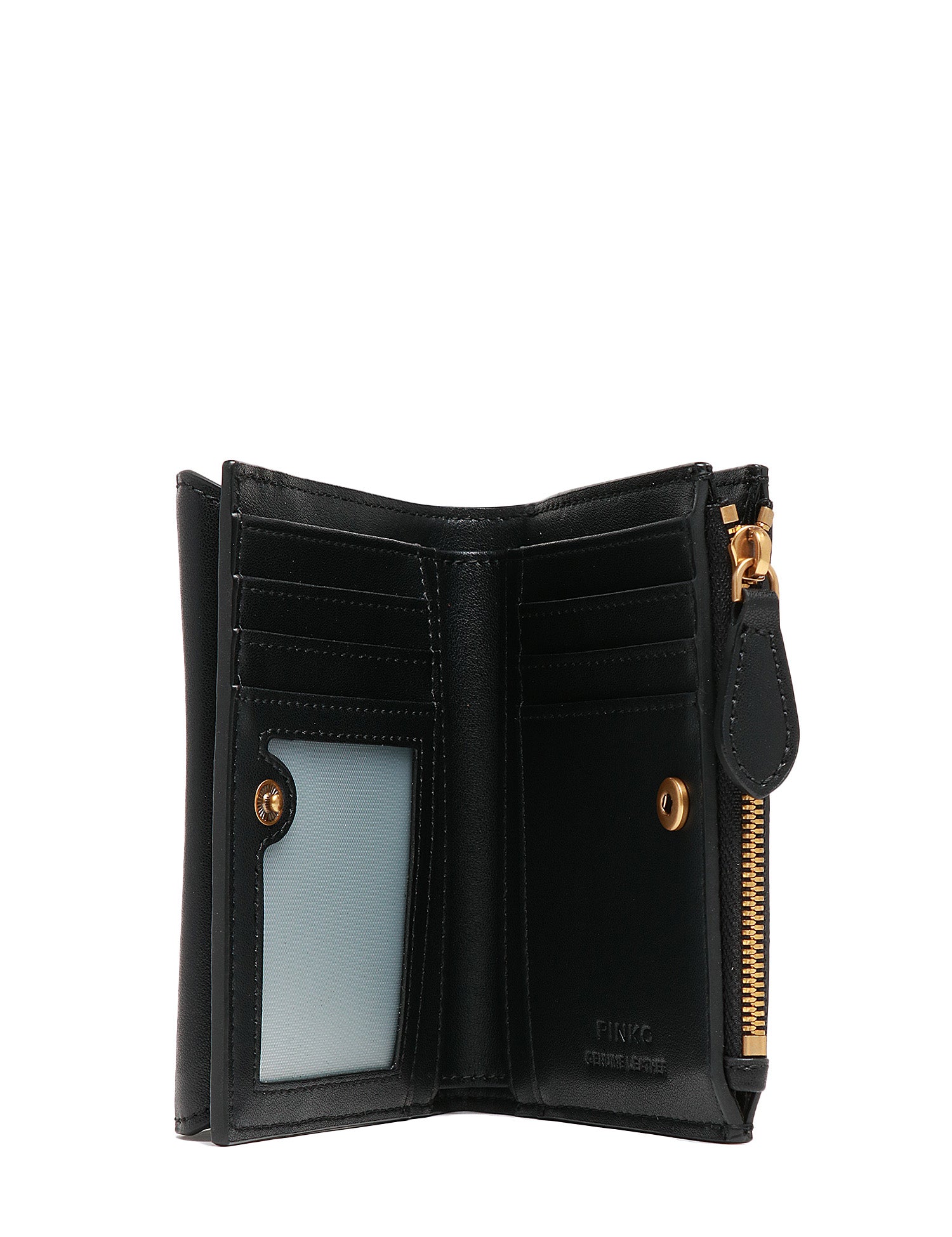 PORTAFOGLI PINKO NERO IN PELLE MANO SETA CON PATTA E LOGO LOVE BIRDS DIAMOND CUT ORO