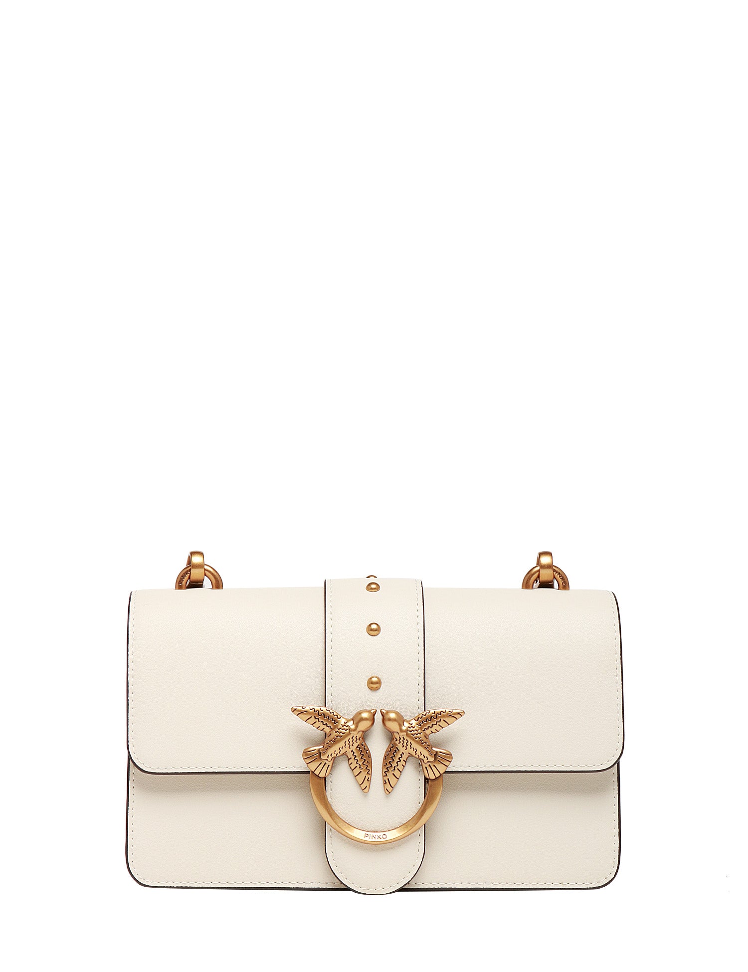 BORSA PINKO MINI LOVE BAG ICON BIANCA IN PELLE MANO SETA CON BORCHIE E FIBBIA LOVE BIRDS ORO