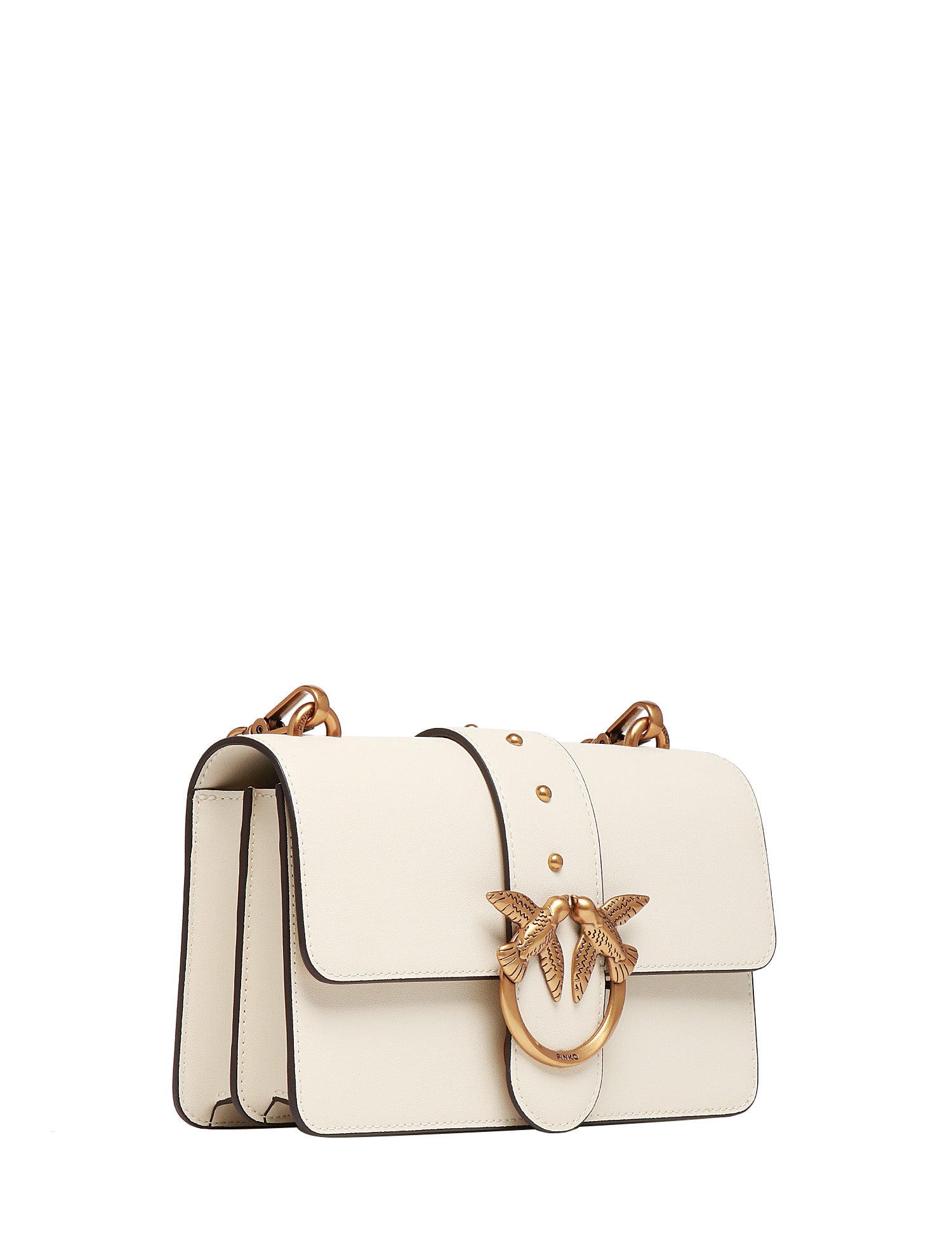 BORSA PINKO MINI LOVE BAG ICON BIANCA IN PELLE MANO SETA CON BORCHIE E FIBBIA LOVE BIRDS ORO