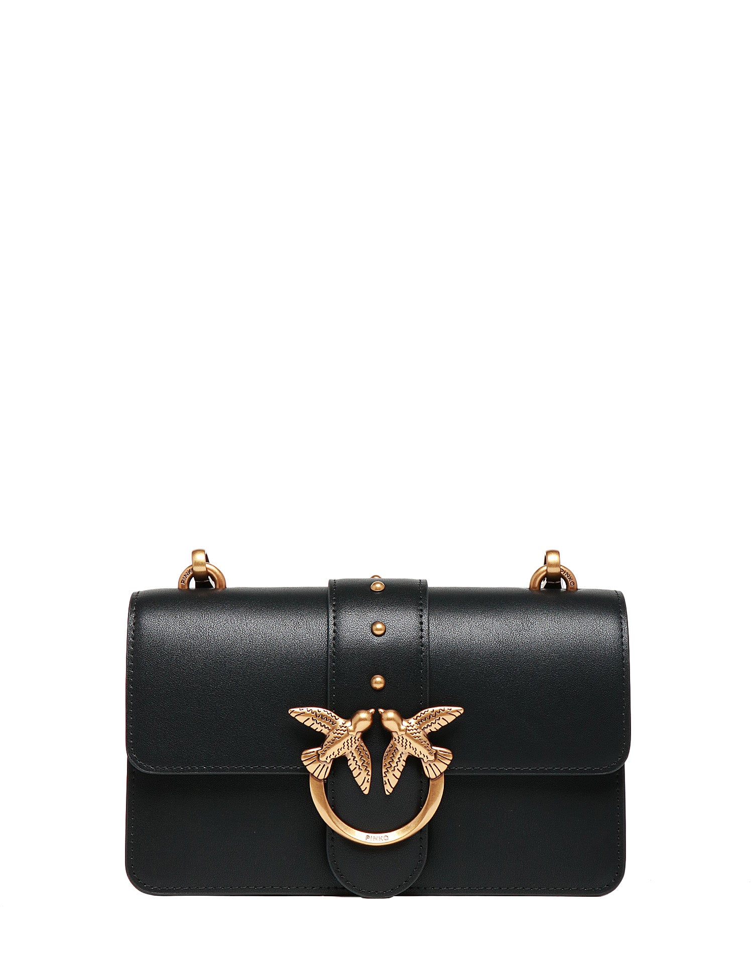 BORSA PINKO MINI LOVE BAG ICON NERA IN PELLE MANO SETA CON BORCHIE E FIBBIA LOVE BIRDS ORO