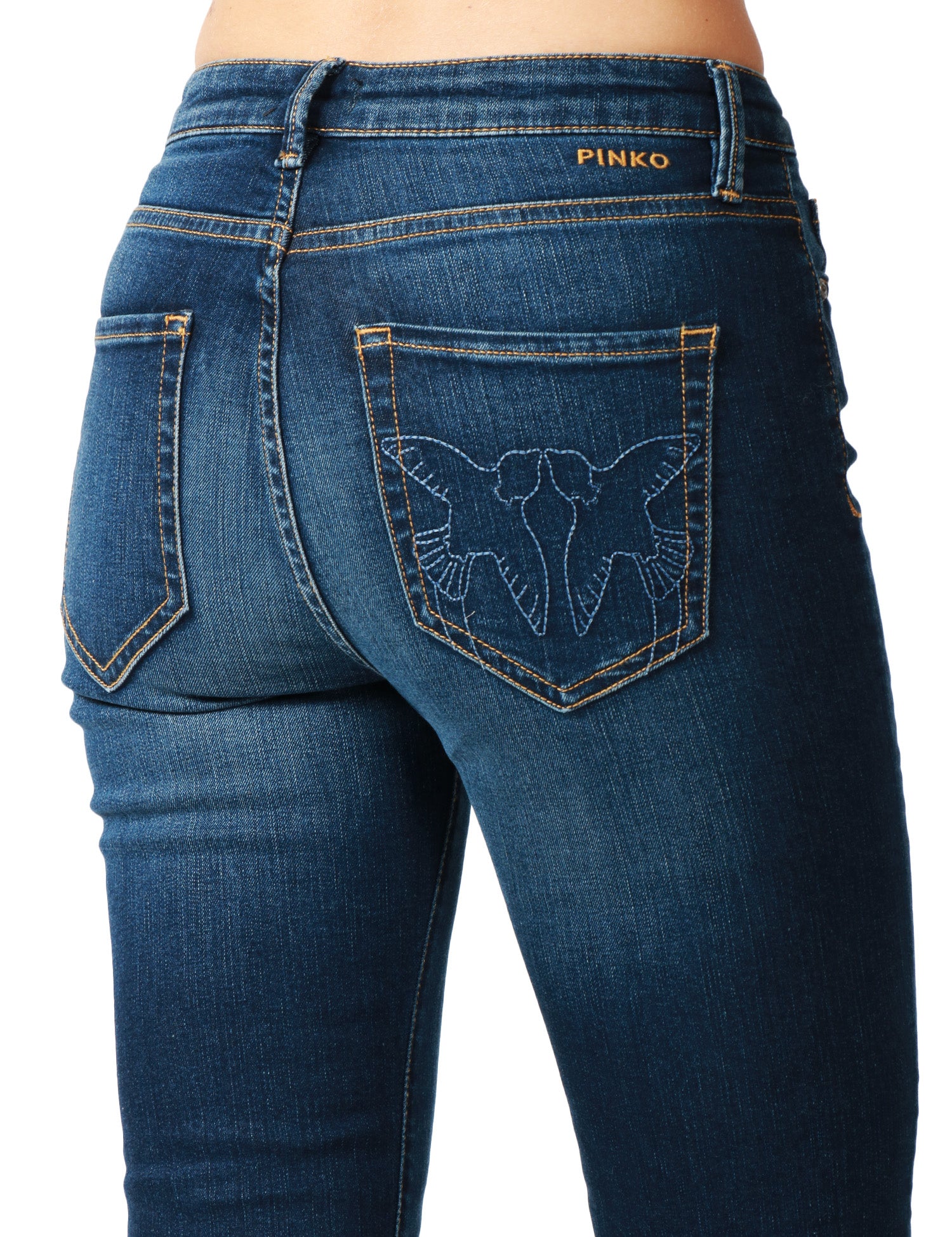 JEANS DONNA PINKO BRITNEY DENM SCURO A ZAMPA SULLA CAVIGLIA CON RICAMO LOGO SULLA TASCA POSTERIORE