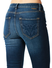JEANS DONNA PINKO BRITNEY DENM SCURO A ZAMPA SULLA CAVIGLIA CON RICAMO LOGO SULLA TASCA POSTERIORE