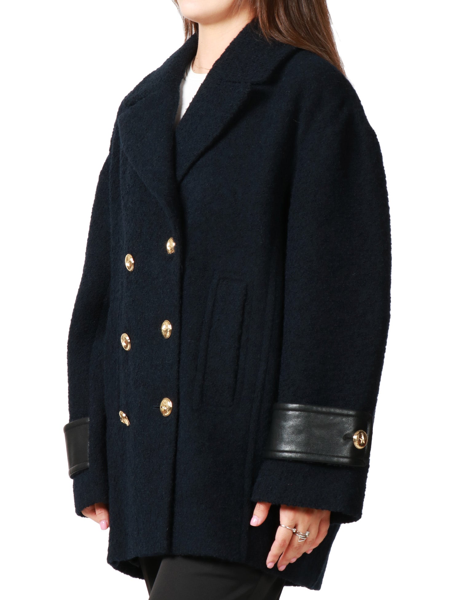 CAPPOTTO CABAN DONNA PINKO CANEDERLI BLU DOPPIOPETTO IN TESSUTO DIAGONALE BOUCLè MISTO LANA CON ALAMARI AI POLSI