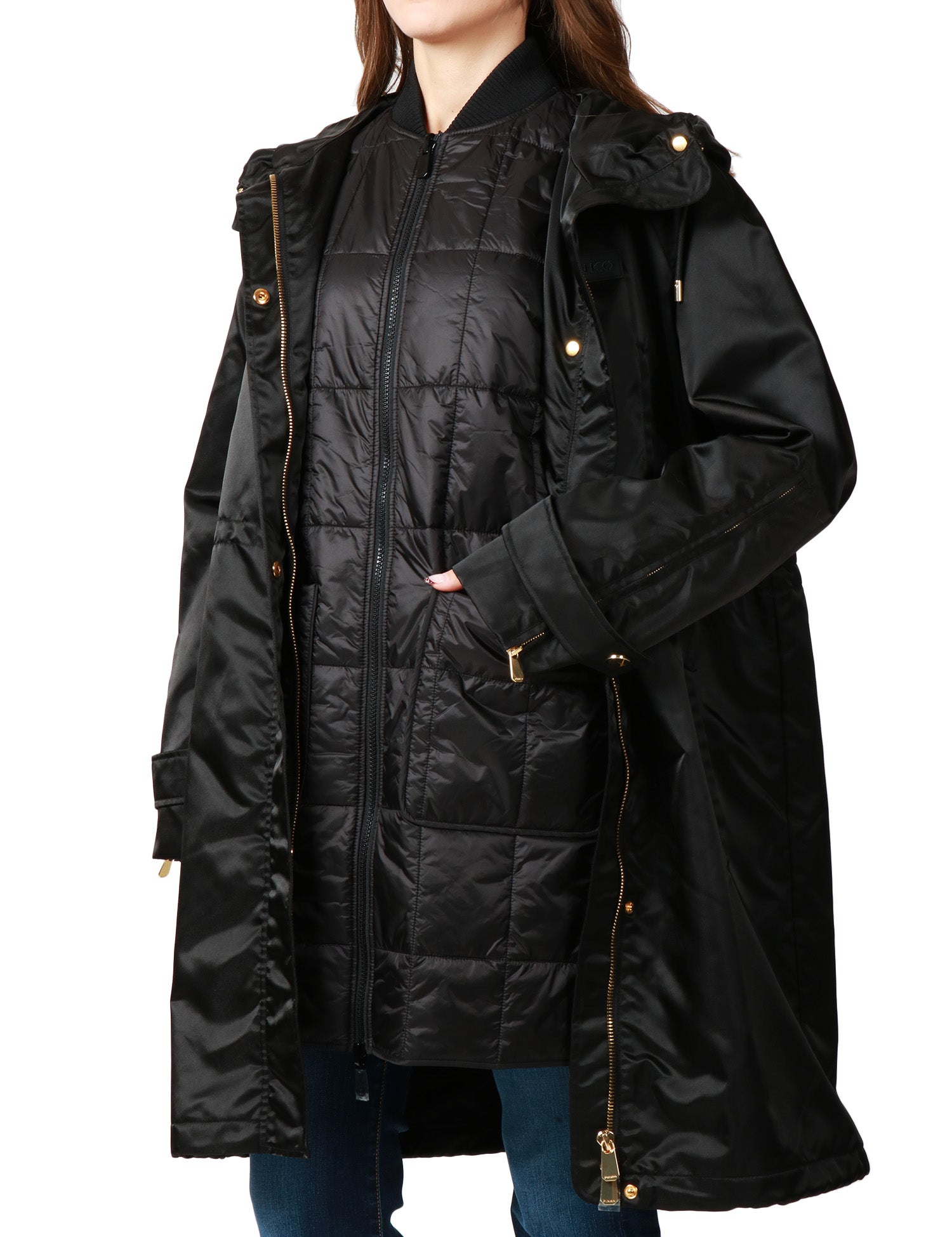 PIUMINO DONNA PINKO DELMA NERO IN TELA LUCIDA CON COLLO ALTO E CAPPUCCIO