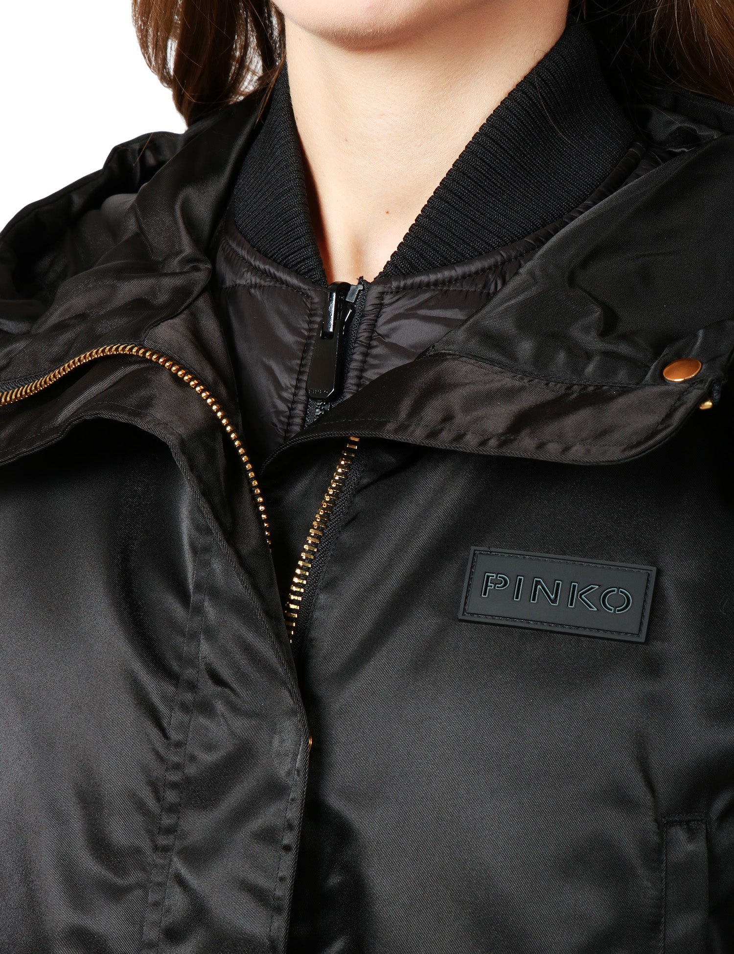 PIUMINO DONNA PINKO DELMA NERO IN TELA LUCIDA CON COLLO ALTO E CAPPUCCIO