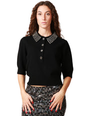 MAGLIA POLO DONNA PINKO EMILIA NERA CON COLLETTO DI STRASS E TRE BOTTONI SUL DAVANTI