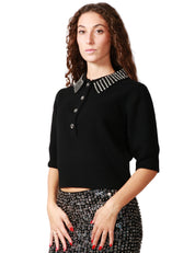 MAGLIA POLO DONNA PINKO EMILIA NERA CON COLLETTO DI STRASS E TRE BOTTONI SUL DAVANTI