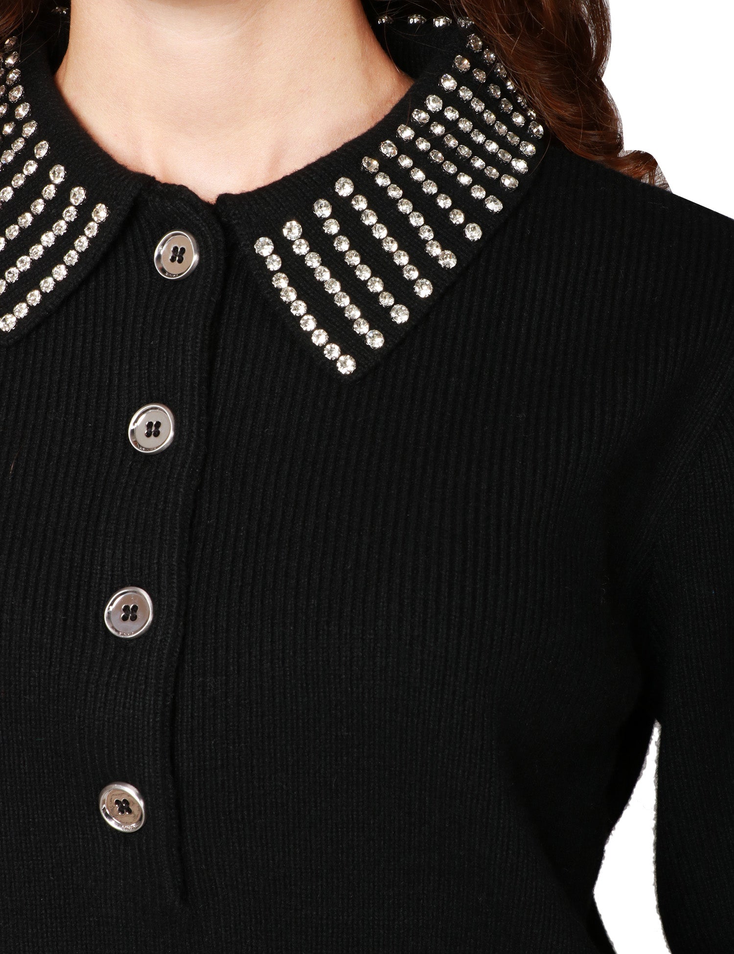 MAGLIA POLO DONNA PINKO EMILIA NERA CON COLLETTO DI STRASS E TRE BOTTONI SUL DAVANTI