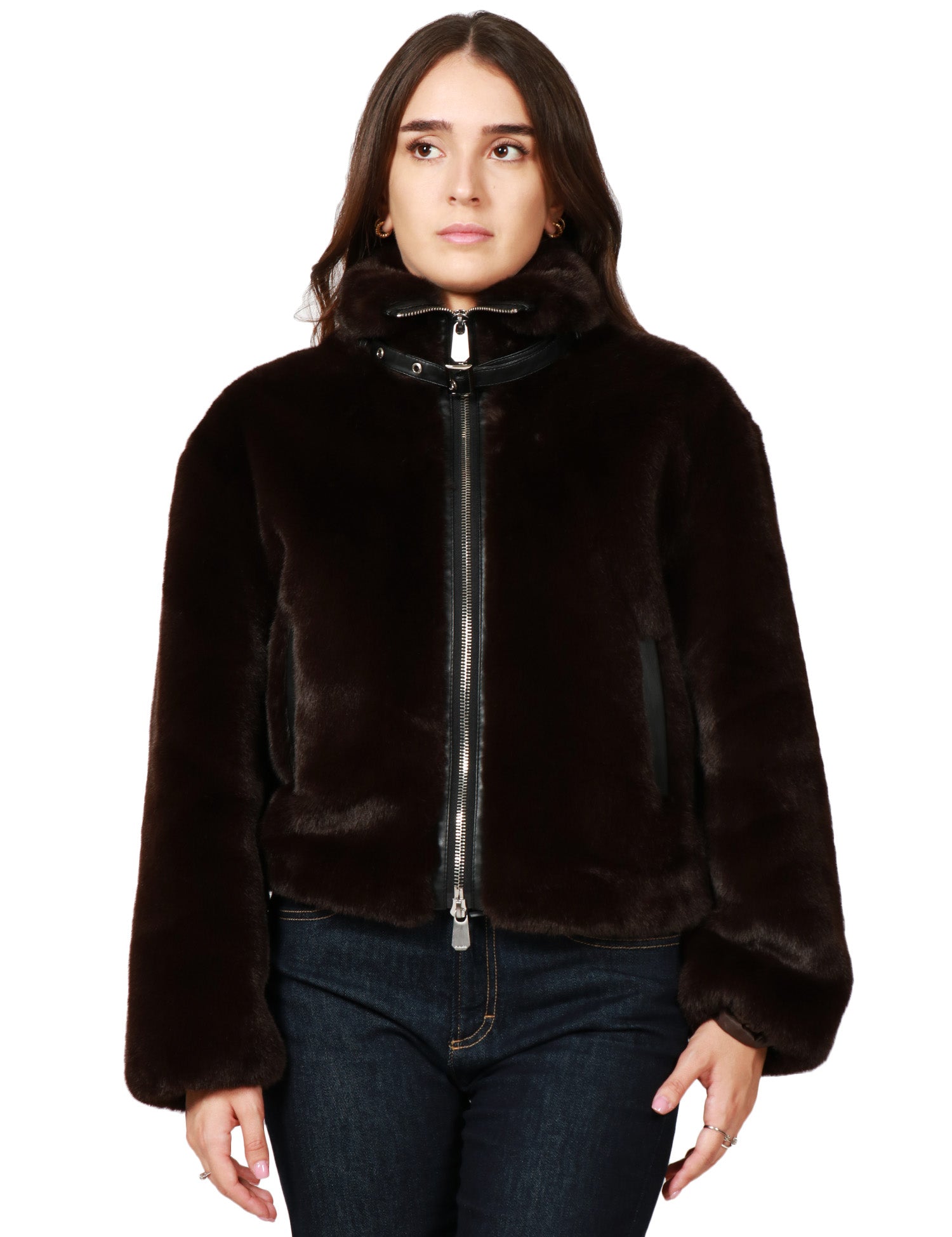 ECOPELLICCIA DONNA PINKO ESTEBANA MARRONE CON COLLO ALTO E PROFILI IN ECOPELLE