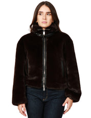 ECOPELLICCIA DONNA PINKO ESTEBANA MARRONE CON COLLO ALTO E PROFILI IN ECOPELLE