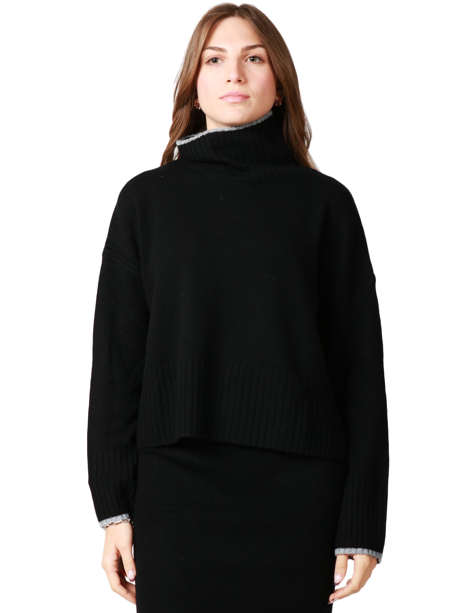 MAGLIA DONNA PINKO FALKLAND NERA DOLCEVITA IN MISTO LANA MERINO E CASHMERE CON FILATO A CONTRASTO
