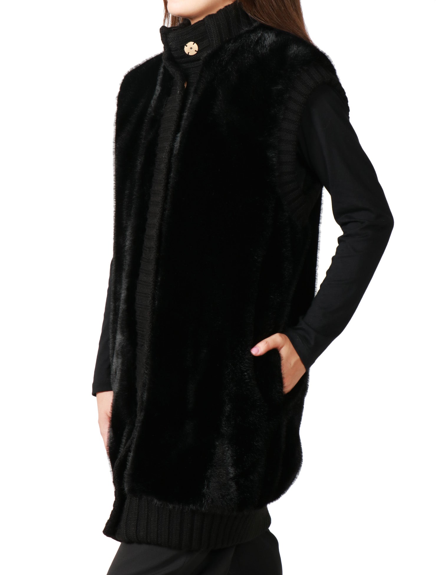 GILET LUNGO DONNA PINKO GENOVESE NERO IN SIMILPELLICCIA E DETTAGLIA IN MAGLIA