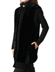 GILET LUNGO DONNA PINKO GENOVESE NERO IN SIMILPELLICCIA E DETTAGLIA IN MAGLIA