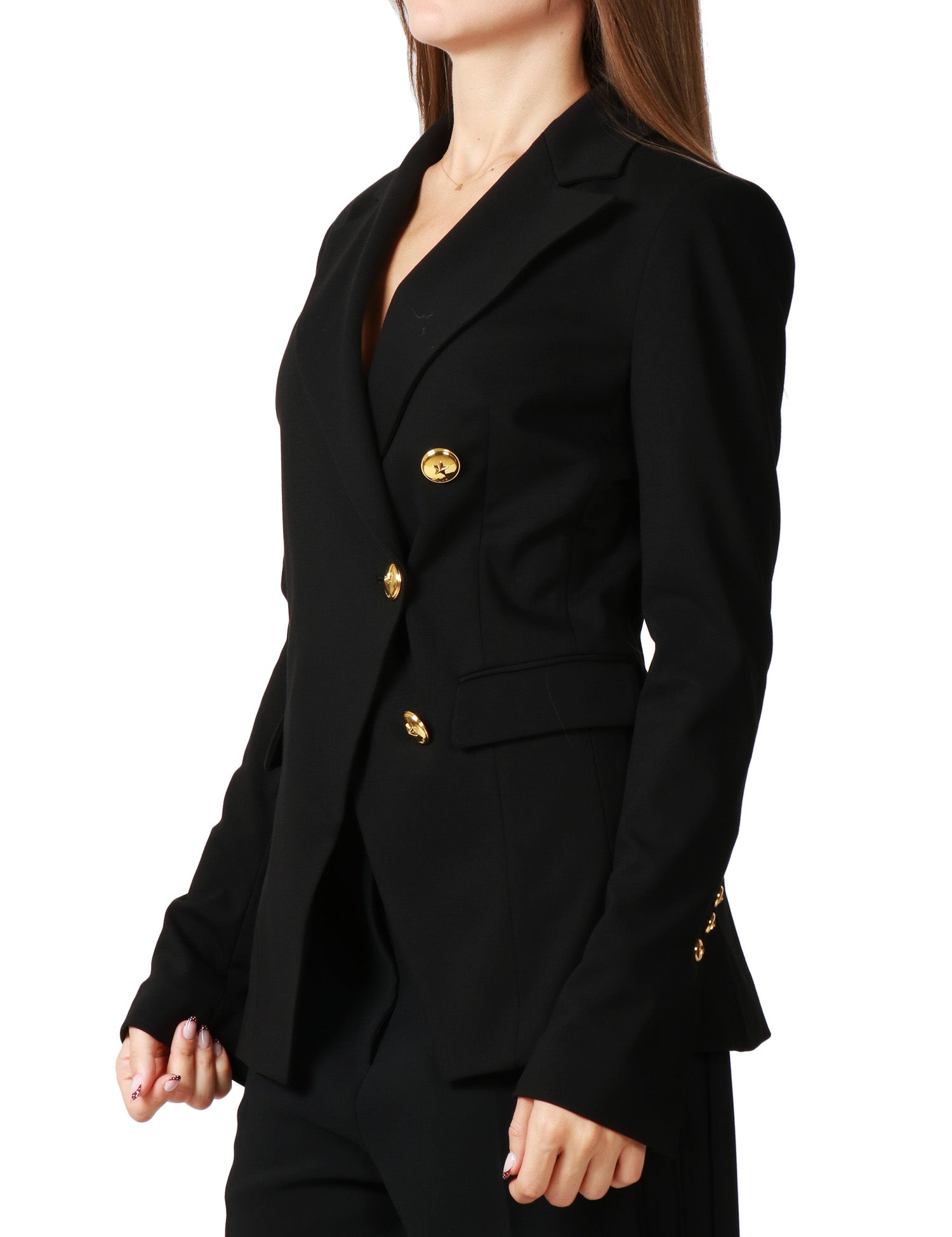 GIACCA BLAZER PINKO GRANITA NERA DOPPIOPETTO ASIMMETRICA CON BOTTONI IN METALLO DORATO DECORATI