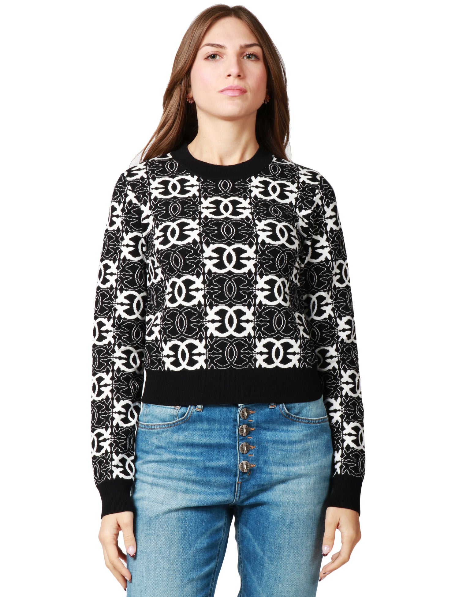 MAGLIA DONNA PINKO GYPSIES NERO/BIANCO IN MISTO VISCOSA CON LOGO LOVE BIRDS ALL OVER