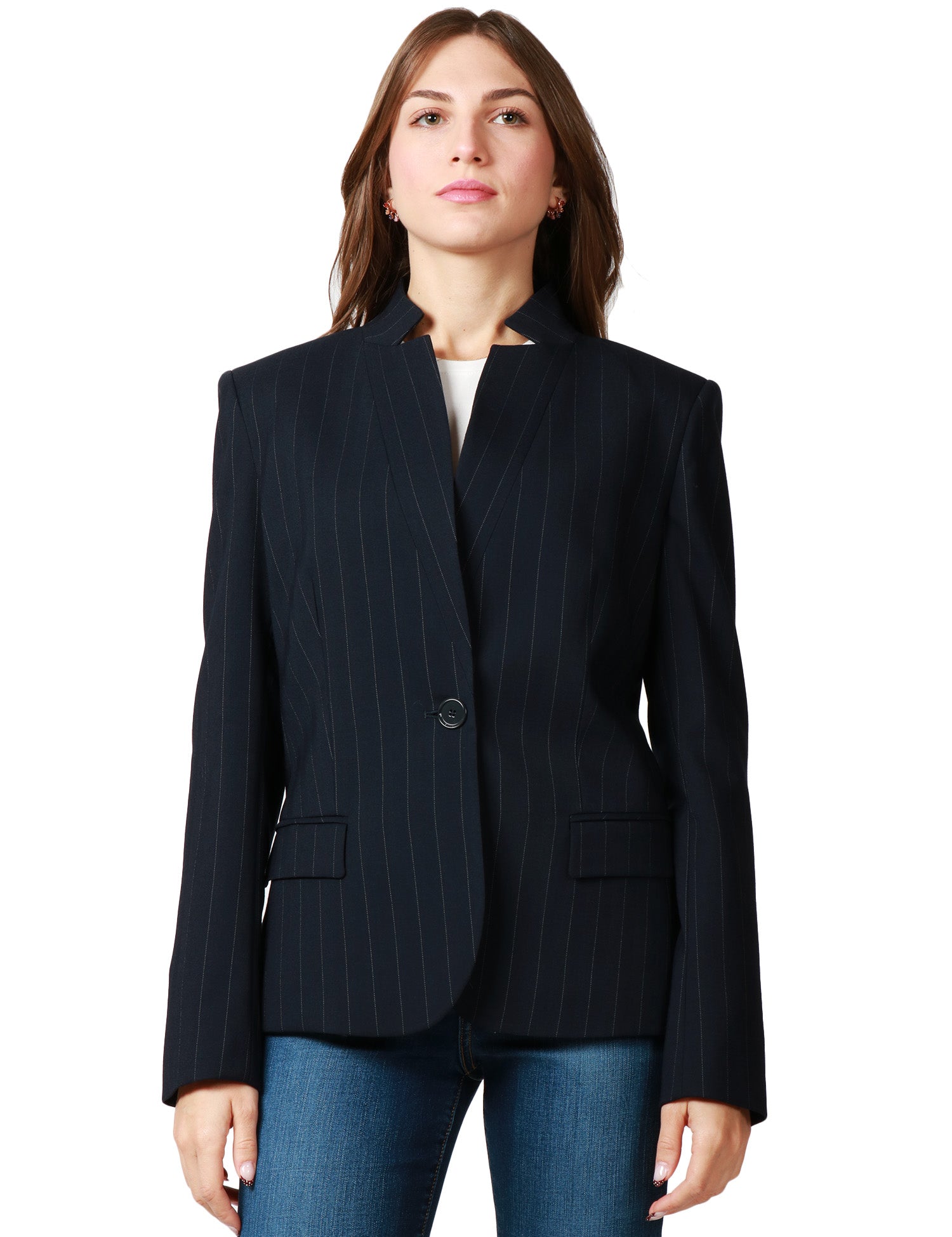 GIACCA DONNA PINKO KEBAB BLU/BIANCO GESSATO MONOPETTO IN LANA POLY CON COLLO REVERS ALZATO