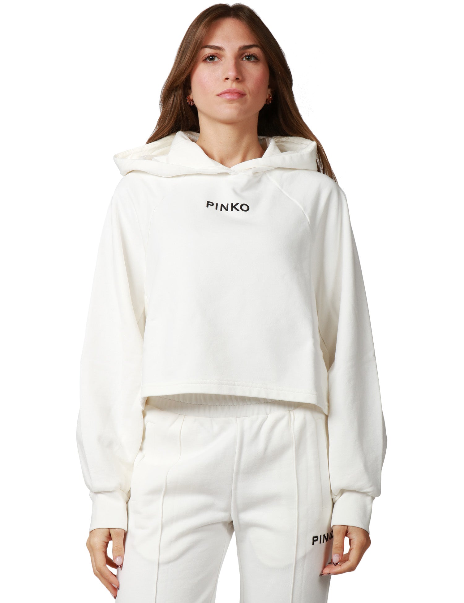 FELPA DONNA PINKO MEDIOCRE BIANCA CROPPED CON CAPPUCCIO E LOGO LETTERING DAVANTI