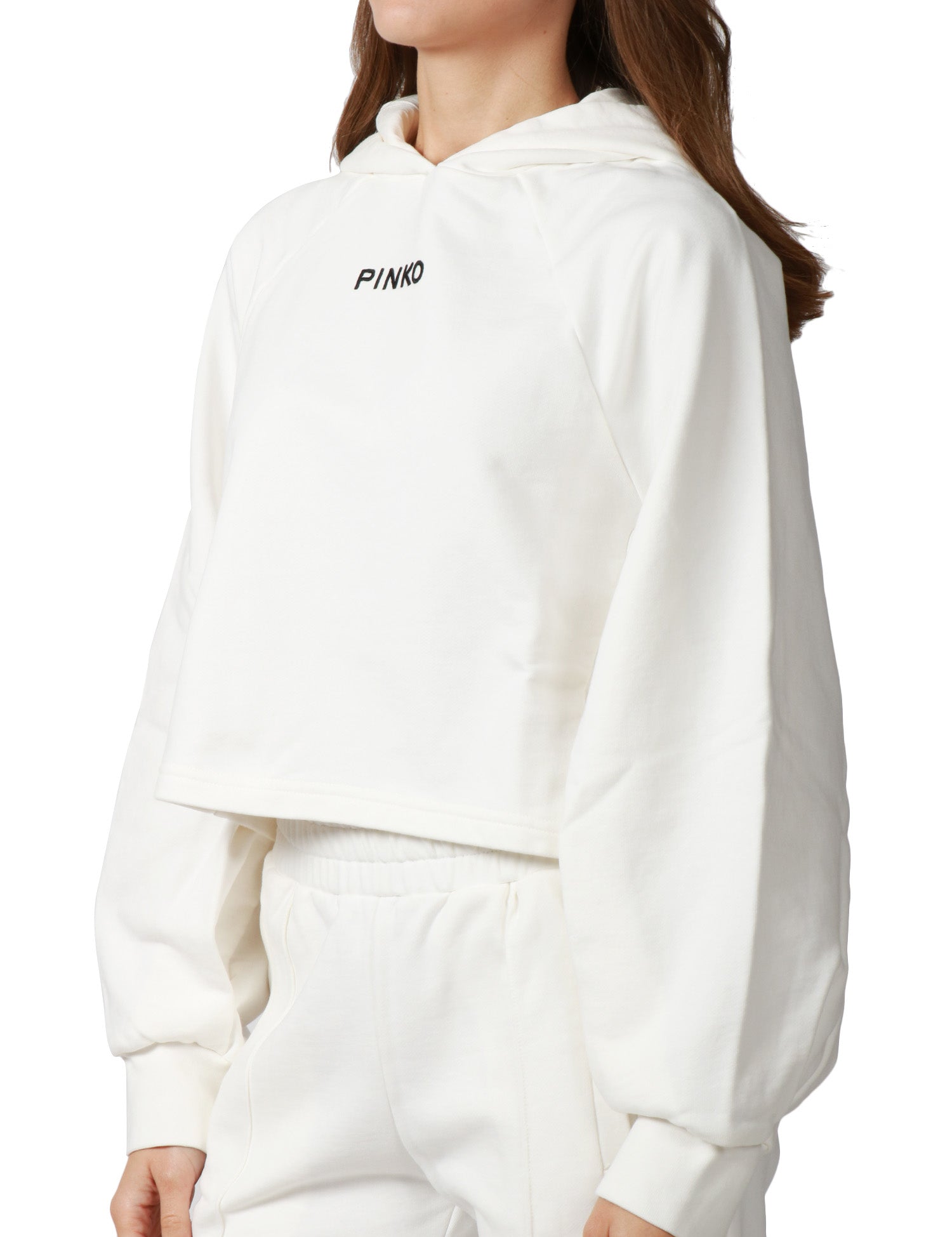 FELPA DONNA PINKO MEDIOCRE BIANCA CROPPED CON CAPPUCCIO E LOGO LETTERING DAVANTI