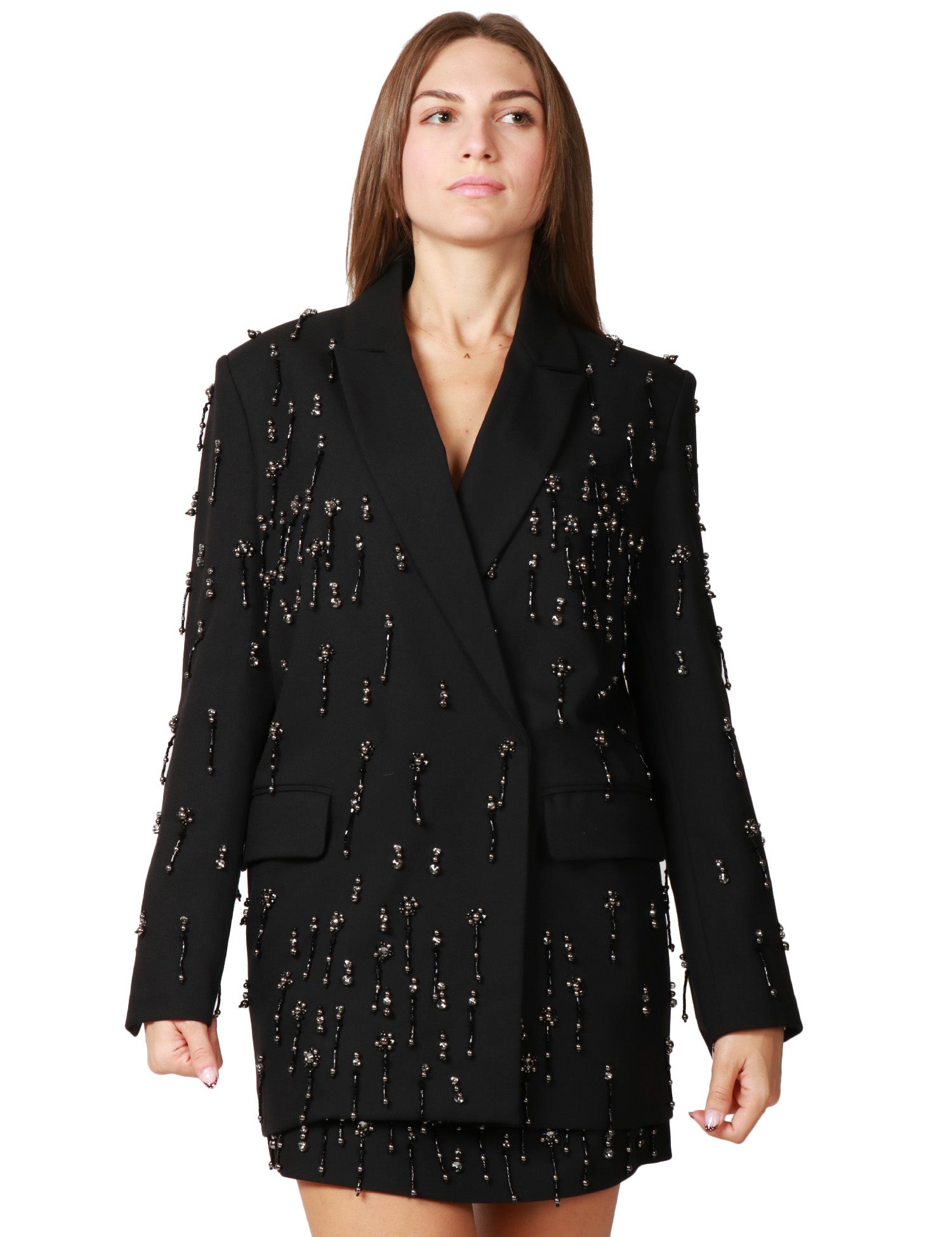 GIACCA BLAZER PINKO PALLAUOVO NERA IN POLY VISCOSA CON CRISTALLI E PERLE