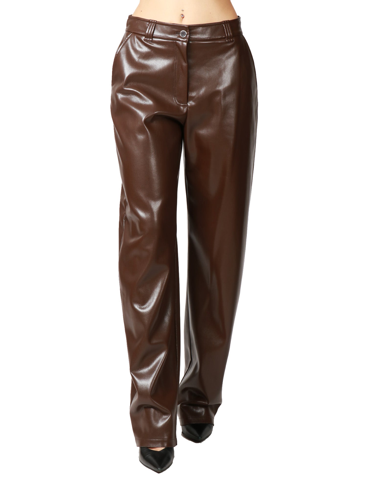 PANTALONE DONNA PINKO PANINO MARRONE IN SIMILPELLE A GAMBA DRITTA