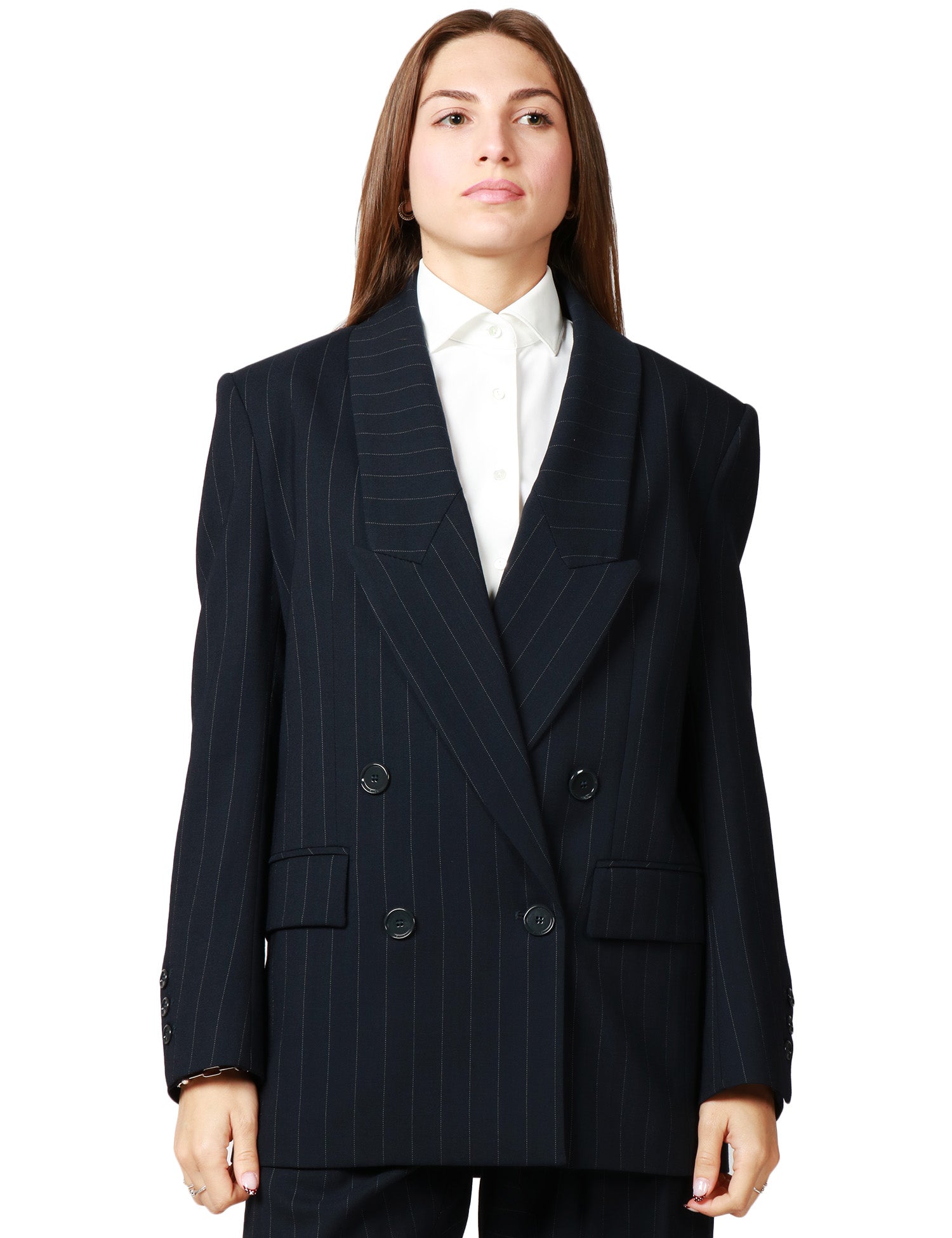 BLAZER DONNA PINKO RAPISARDI BLU/BIANCO GESSATO DOPPIOPETTO OVER IN LANA POLY
