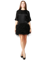 ABITO DONNA PINKO SAPIENTINO NERO IN RASO LUCIDO A MEZZA MANICA CON PIUME APPLICATE SULLA GONNA