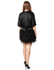 ABITO DONNA PINKO SAPIENTINO NERO IN RASO LUCIDO A MEZZA MANICA CON PIUME APPLICATE SULLA GONNA